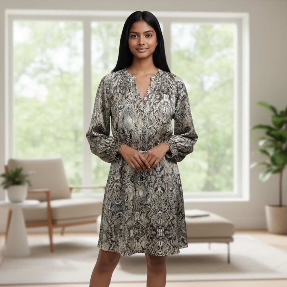 Women's INC Dress, L, Brown and Beige Satin long sleeve snakeskin animal print